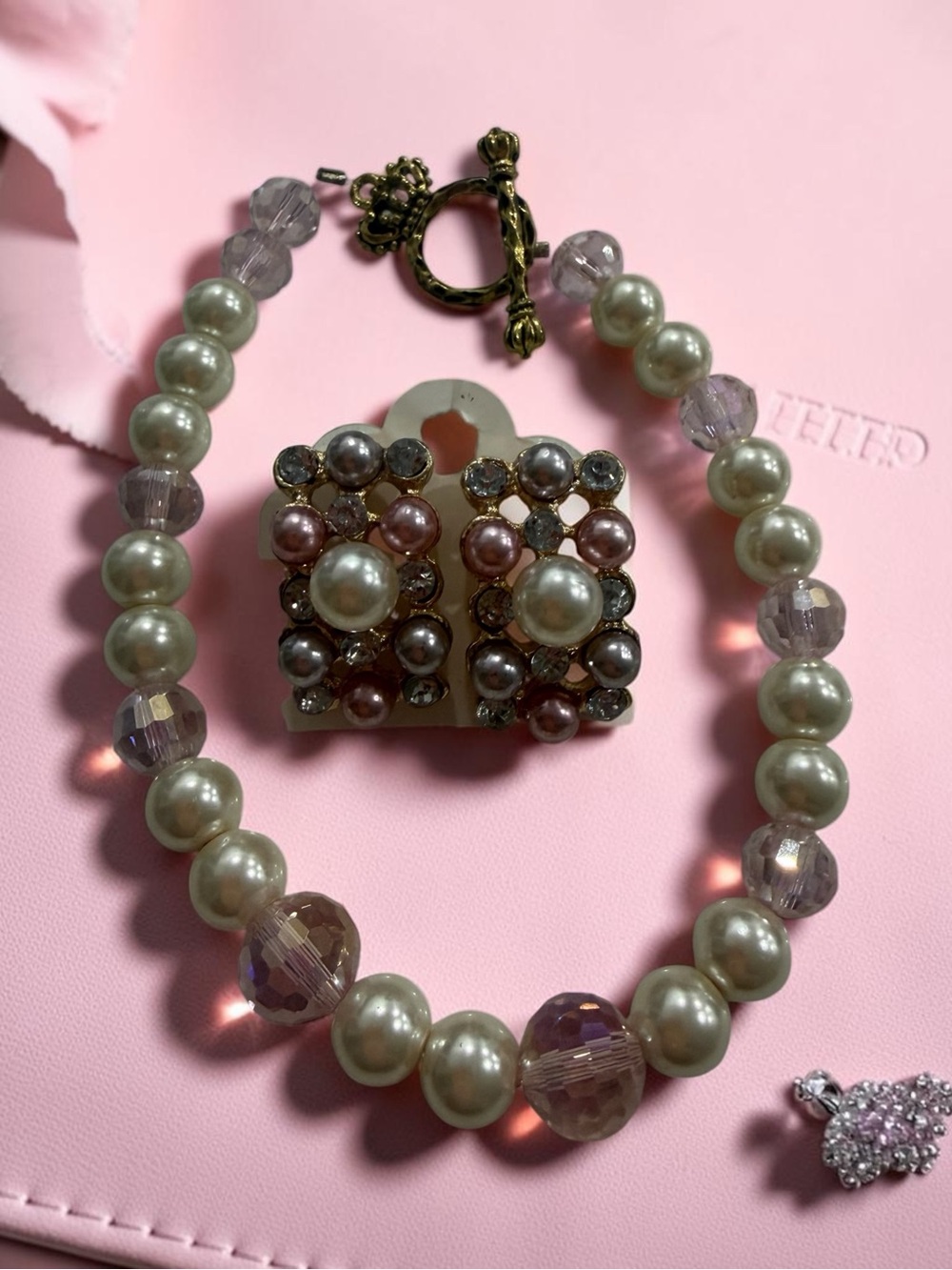 Faux Pearl & Crystal Beaded Bracelet with Matching Earrings